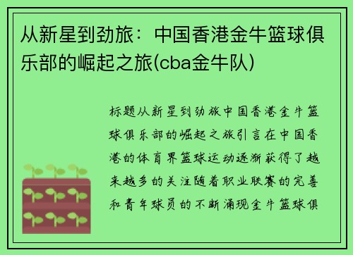 从新星到劲旅：中国香港金牛篮球俱乐部的崛起之旅(cba金牛队)
