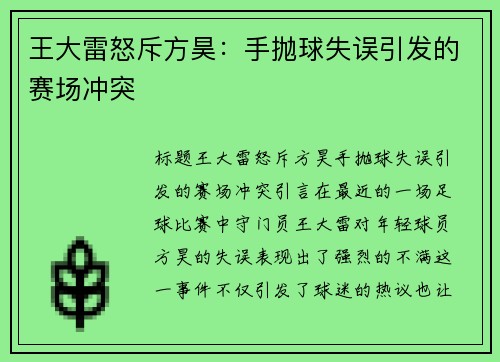 王大雷怒斥方昊：手抛球失误引发的赛场冲突