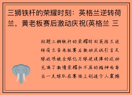 三狮铁杆的荣耀时刻：英格兰逆转荷兰，黄老板赛后激动庆祝(英格兰 三狮)