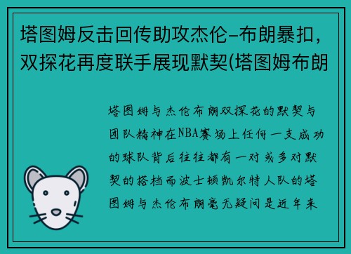 塔图姆反击回传助攻杰伦-布朗暴扣，双探花再度联手展现默契(塔图姆布朗壁纸)