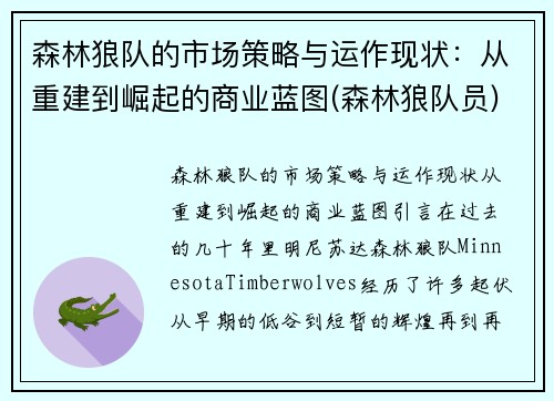 森林狼队的市场策略与运作现状：从重建到崛起的商业蓝图(森林狼队员)