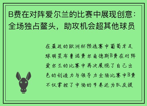 B费在对阵爱尔兰的比赛中展现创意：全场独占鳌头，助攻机会超其他球员