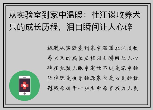 从实验室到家中温暖：杜江谈收养犬只的成长历程，泪目瞬间让人心碎