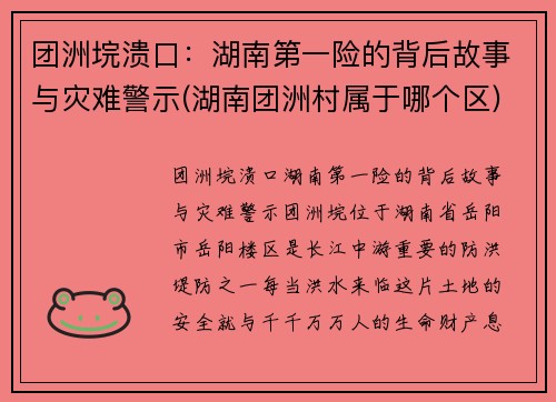 团洲垸溃口：湖南第一险的背后故事与灾难警示(湖南团洲村属于哪个区)