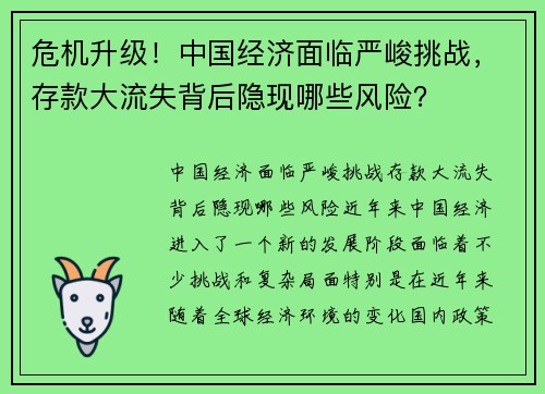 危机升级！中国经济面临严峻挑战，存款大流失背后隐现哪些风险？