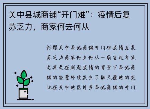 关中县城商铺“开门难”：疫情后复苏乏力，商家何去何从