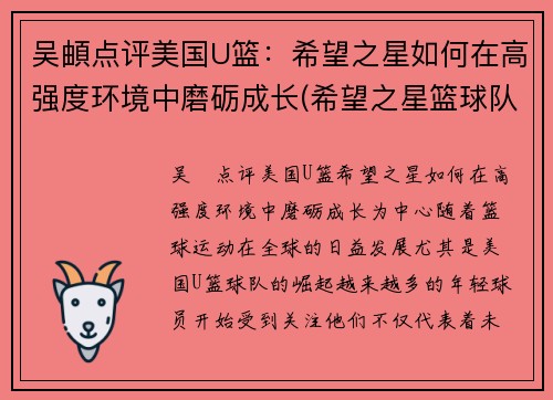 吴頔点评美国U篮：希望之星如何在高强度环境中磨砺成长(希望之星篮球队)
